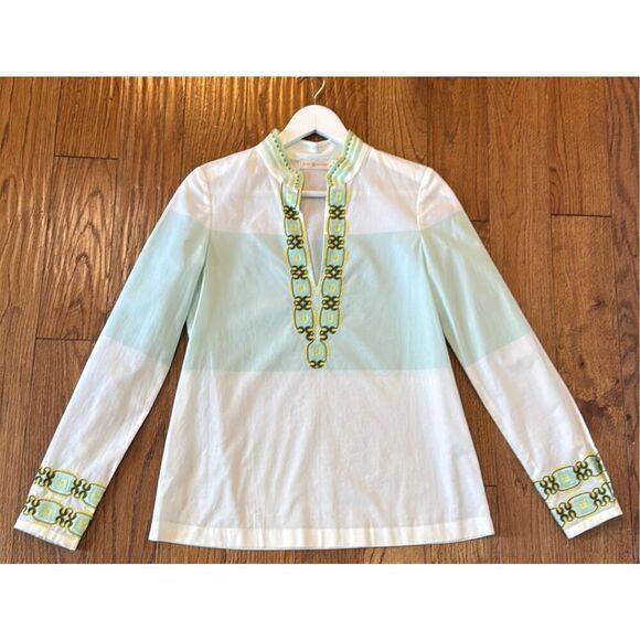 Tory Burch white green ombre embroidered tunic blouse 0 - Picture 3 of 11